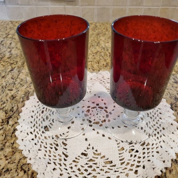 Pair Of 6" Tall Vintage Ruby Red Glasses Clear Ball Stem Water/Wine Goblets - Picture 2 of 3